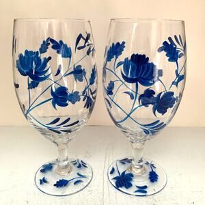 Set Of 2 Hand Painted Cobalt Blue Mattanah Floral Clear Glass Water Goblets 7”